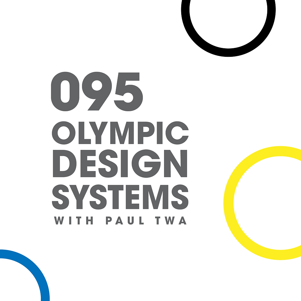 The first is podcast cover art with deconstructed Olympic Rings in black, yellow and blue around the frame of the square and the words ‘095 Olympic Design Systems with Paul Twa’ in the centre.