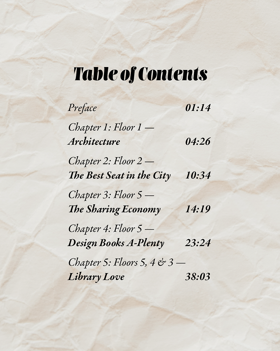 Table of Contents for the podcast episode on crumpled beige paper, listing Preface and five chapters with times in black serif text.