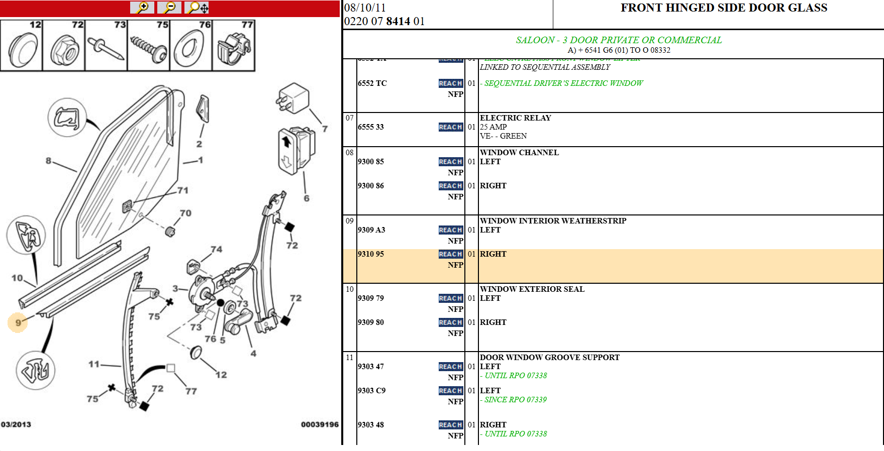 Citroen Saxo 3-Door Internal Window Weatherstrip, Drivers, N.O.S 9310.95