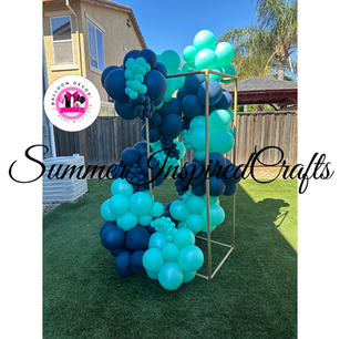 Custom balloon garland featuring layered balloons in multiple sizes and coordinated colors, styled as elegant event décor for birthdays, baby showers, graduations, weddings, and celebrations, creating a full and eye-catching backdrop display.