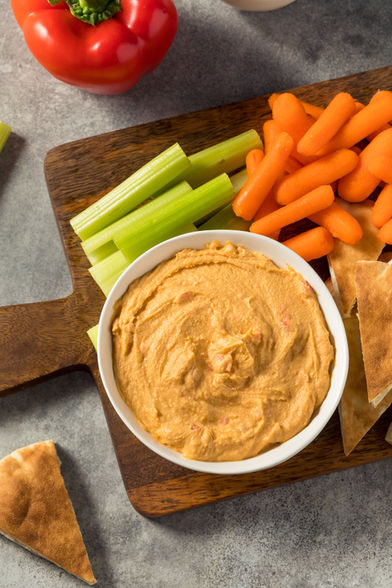 Homemade Red Pepper Hummus Dip with PIta and Veggies.jpg