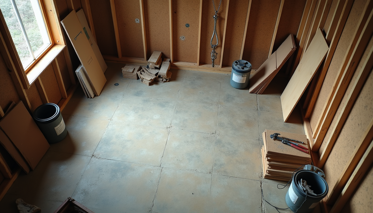 High angle view of a home renovation site with tools and building materials
