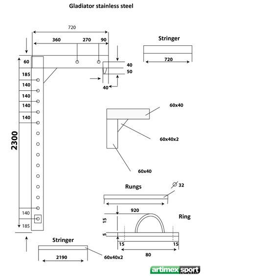 Thumbnail: Stainless Steel Wall Bar, 230x100 cm, code 231-Gladiator-Inox