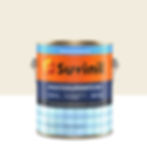 Fundo branco e bege. Lata de tinta com listra grandes, laranja, azul e azul claro Suvinil.