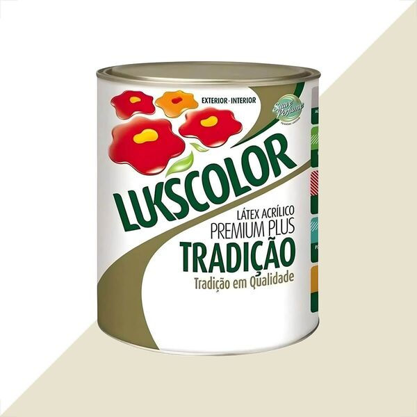 Fundo branco com bege. Lata de tinta Lukscolor Látex Acrílico Premium Plus
