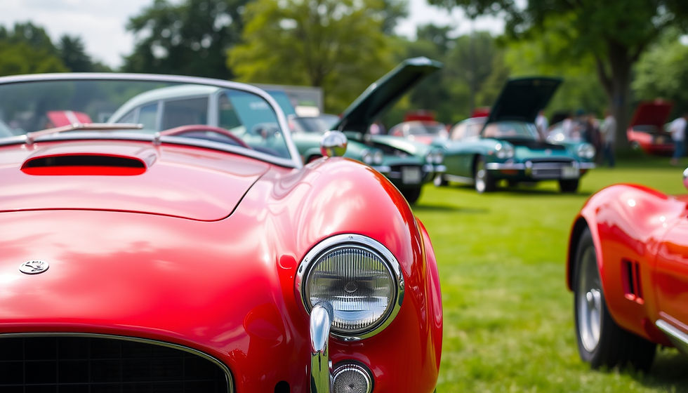 Eye-level view of a shiny red vintage car parked on a street