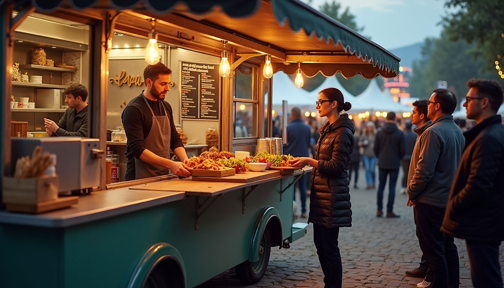 High angle view of a food truck serving customers at an outdoor event