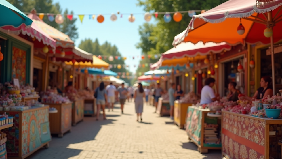 Eye-level view of colorful festival booths with local crafts