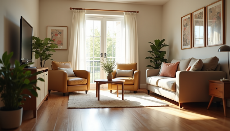 Eye-level view of a comfortable living room set up for a respite care visit