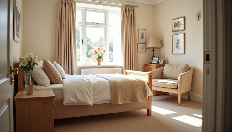 Eye-level view of a cozy bedroom in a respite care facility