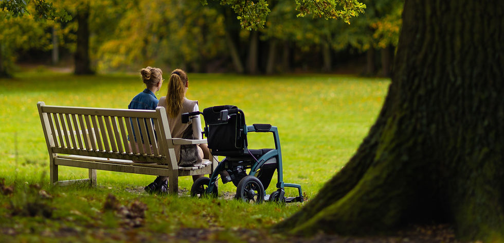Two women enjoying the serene park setting with a wheelchair beside them on a bench.