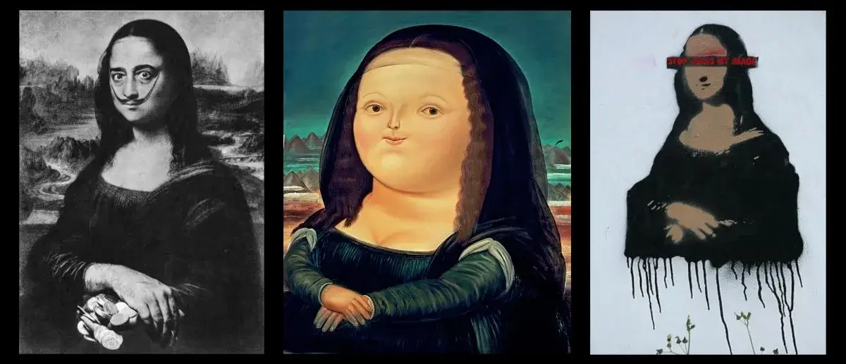 Un collage delle reinterpretazioni del quadro della Monna Lisa realizzate da Dalì, Botero e Bansky