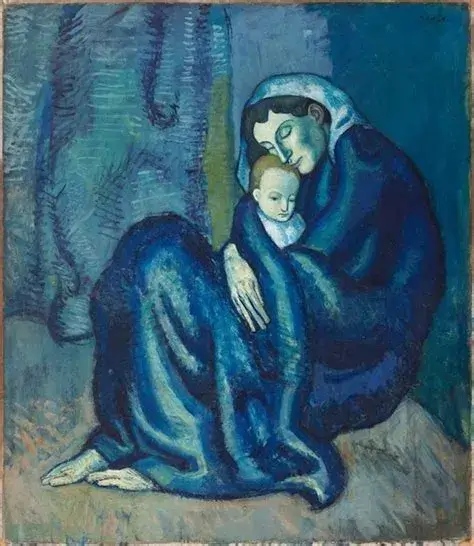 Picasso raffigura una donna seduta per terra e avvolta da una veste molto ingombrante e spessa di colore blu. Abbraccia un bambino piccolo e lo coccola con gli occhi chiusi. Tutto il quadro è realizzato sui toni del blu e dell'azzurro