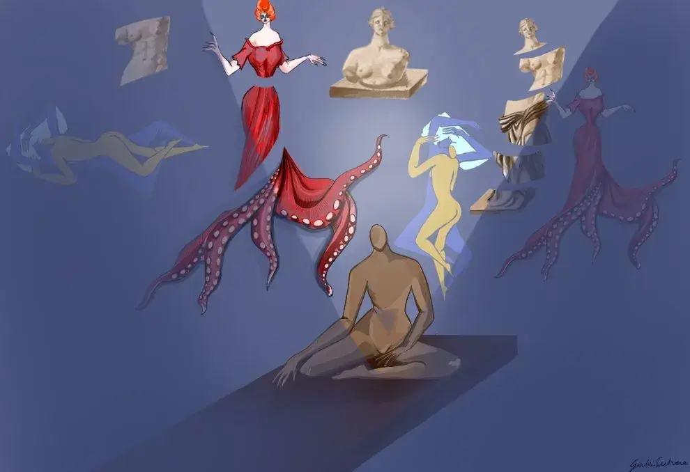 Raffigurazione di Syndiicat, raffigurante una sua interpretazione del sogno e dell'inconscio: vi รจ raffigurata una figura stilizzata seduta da cui derivano una serie di altre figure-ricordi-fantasie. Vi sono busti di pietra ma anche donne-polpo con i tentacoli rossi e immagini di persone stilizzate abbracciate.
