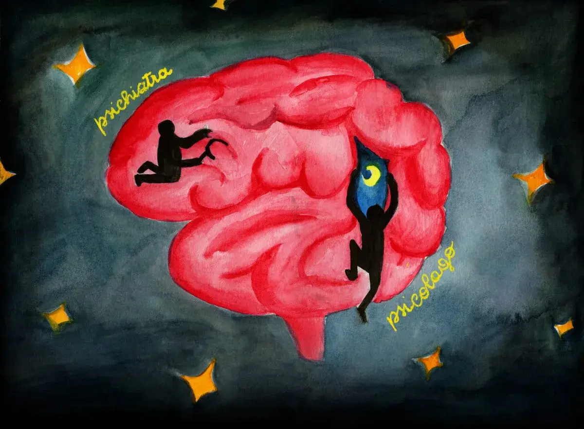 Illustrazione che mostra un cervello rosa-rosso immerso in uno sfondo nero e stellato. Sul cervello sono raffigurate due figure stilizzate nere, che rappresentano lo psichiatra intendo a sistemare aree cerebrali, e lo psicologo che entra nel cervello per indagare a fondo.