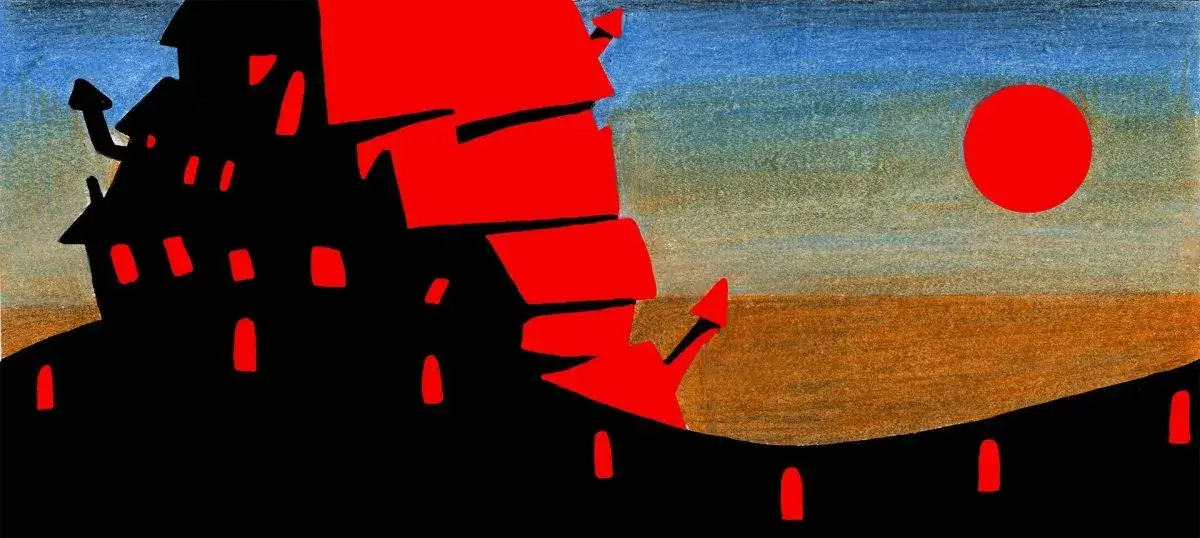 Si raffigura una città stilizzata nera a contrasto rosso, con le mura che la circondano. Il cielo sullo sfondo è solcato da una luca rossa che illumina la città.