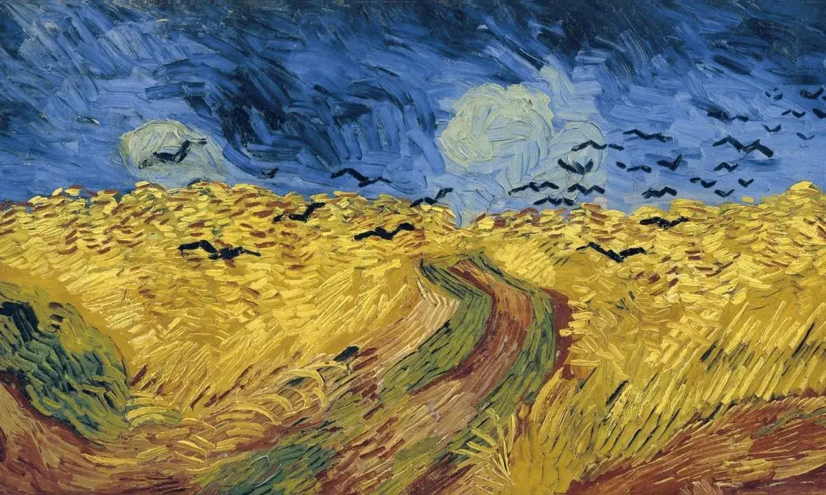Un campo di grano, ricavato dall'artista con pennellate molto evidenti e forti. In mezzo si snoda una stradina di terra, sopra molti uccelli volano via, come spaventati da un rumore improvviso. Il cielo, anch'esso ricavato da pennellate molto visibili, sembra minacciare un temporale improvviso.