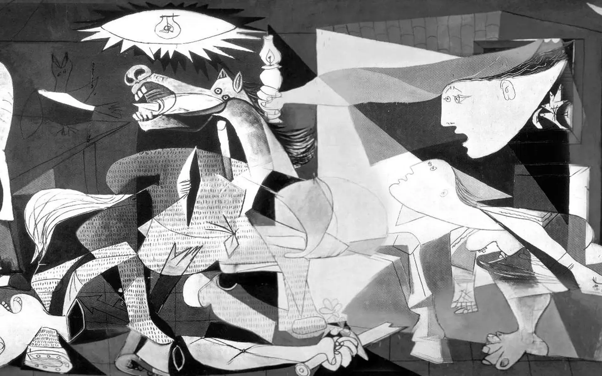 L'immagine rappresenta il quadro Guernica dipinto da Picasso in bianco e nero. La scena rappresenta un'azione di battaglia durante la guerra. Vi sono cadaveri e animali che combattono in uno scontro confusionario.
