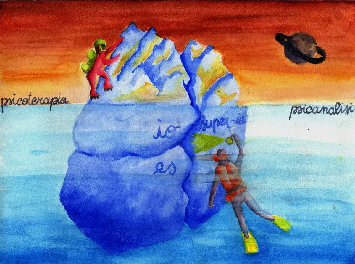 Immagine di un iceberg in cui emerge una sezione che una figura che rappresenta lo psicoterapeuta cerca di scalare, e un'altra parte sommersa sott'acqua che rappresenta l'area di indagine dello psicoanalista. Sono inoltre raffigurate le tre istanze psichiche Io, Es, Super-Io con le loro relative parti consce e inconsce.