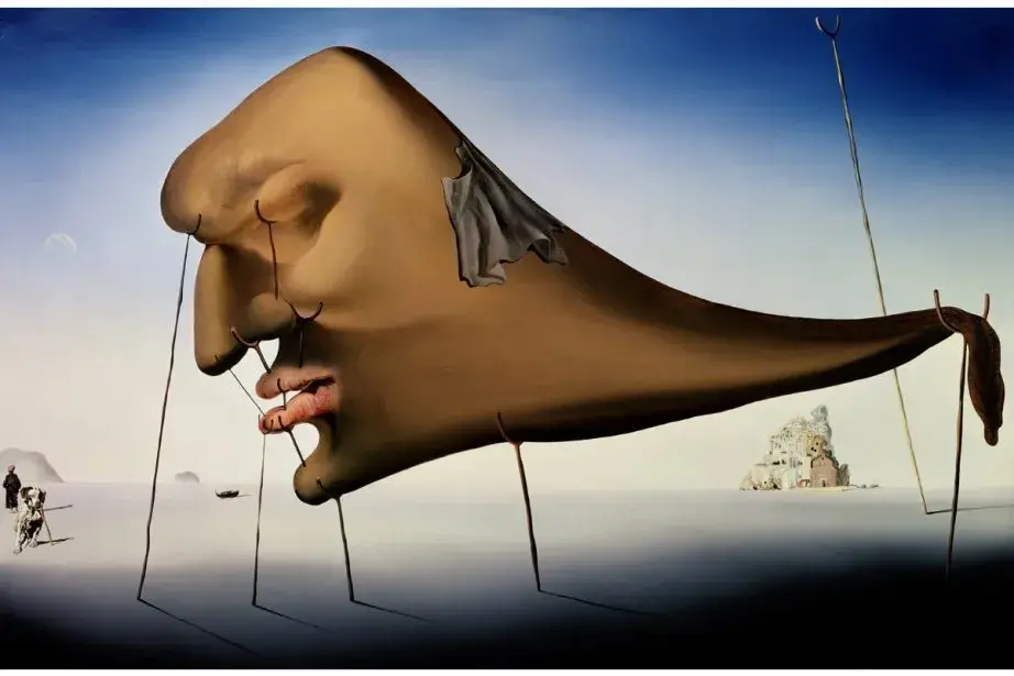 L'immagine ritrae il quadro "Il sogno" di Salvador Dalรฌ: รจ un quadro surrealista, difficile da decifrare. Mostra in primo piano un volto umano con gli occhi chiusi che prende le sembianze di una tenda, fissata al terreno con delle corde e delle aste. Sullo sfondo si intravedono delle persone che camminano, delle alture naturali e una cittร arroccata.