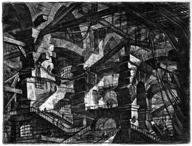 Una intricatissima raffigurazione delle carceri immaginate dall'artista Piranesi. Il tratto è scuro e particolareggiato, in un gioco di scale, ponti, travi e corte che collegano un ambiente con l'altro.