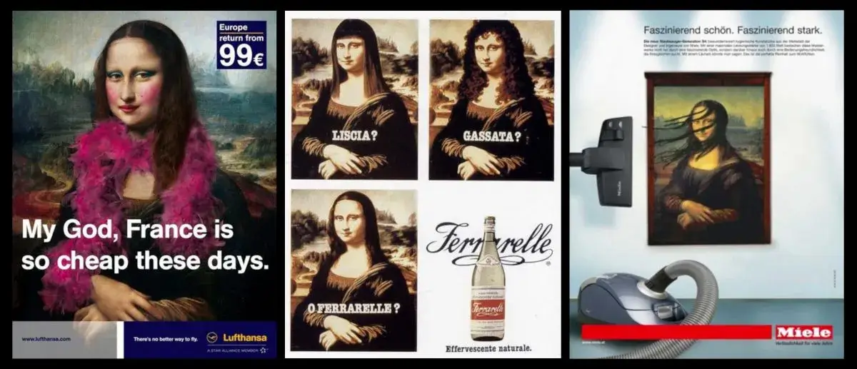 Collage che mostra alcune pubblicità che sfruttano l'immagine della Gioconda. In particolare publicità di Lufthansa, Ferrarelle e Miele.