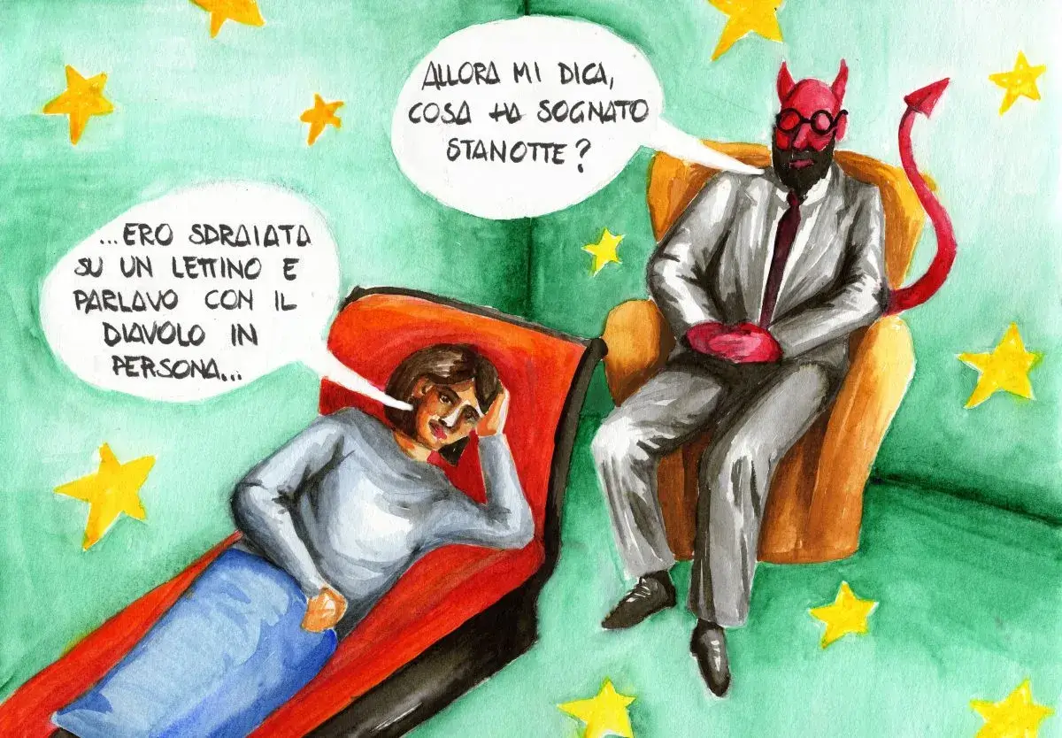 Una paziente è sdraiata sul lettino di psicoanalisi e parla al terapeuta che assume le sembianze di un diavolo ed è seduto su una poltrona dietro di lei.