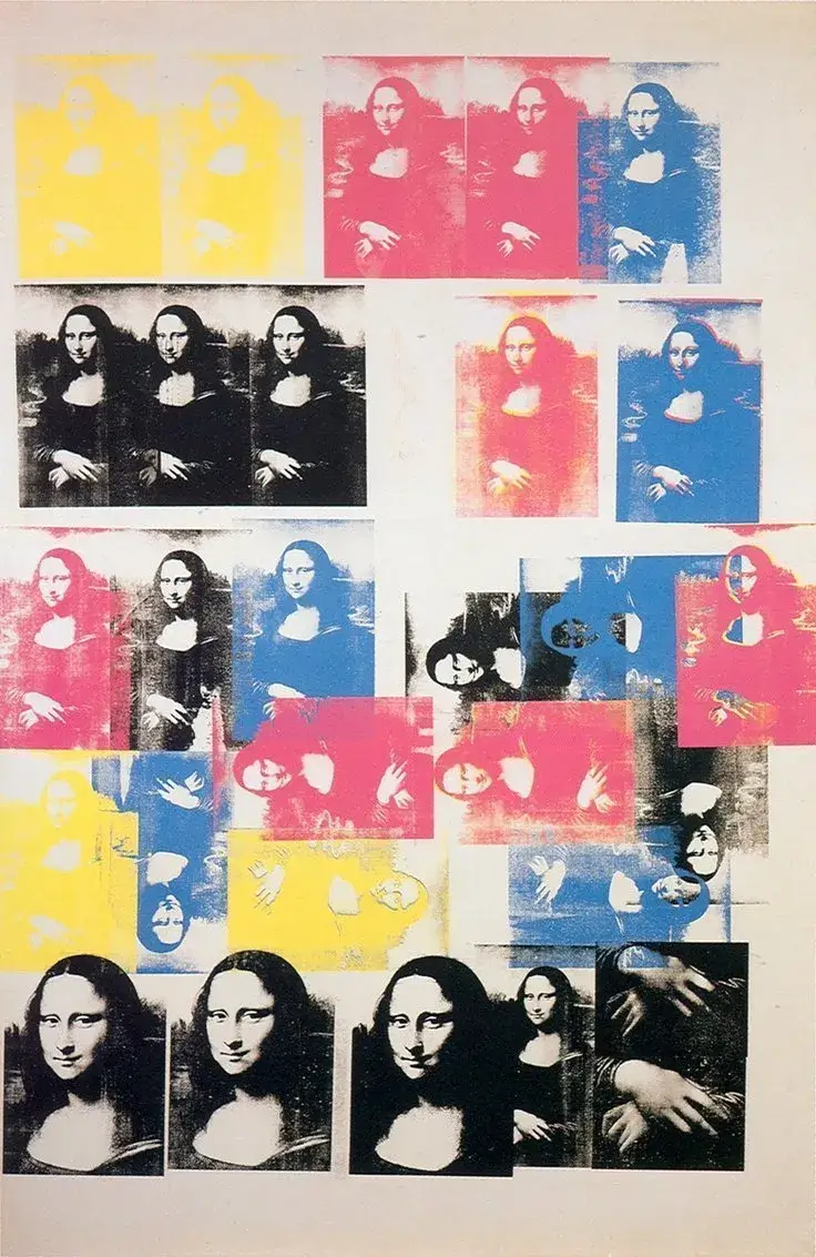 La rappresentazione del celebre quadro La Gioconda, realizzata da Andy Warhol. Si vedono molte Mona Lisa sovrapposte l'una sull'altra e raffigurate vicine. Sono monocolore, Gialle, Rosse, Blu, Nere.