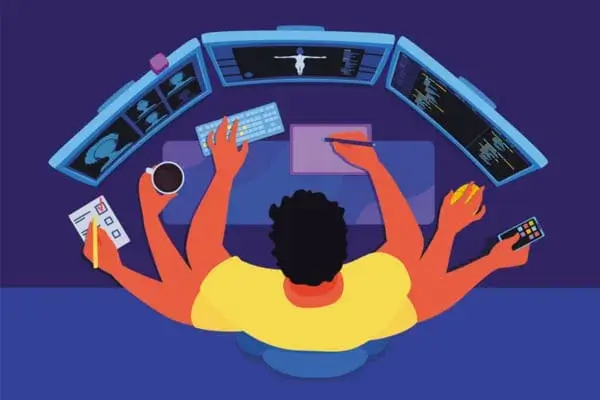 L'immagine disegnata di un uomo con sei braccia che svolge varie attività contemporaneamente: lavora al computer su tre schermi diversi, prende appunti, beve il caffè, disegna, scrive sulla tastiera.. raffigura il concetto di multitasking ma anche workaholic.