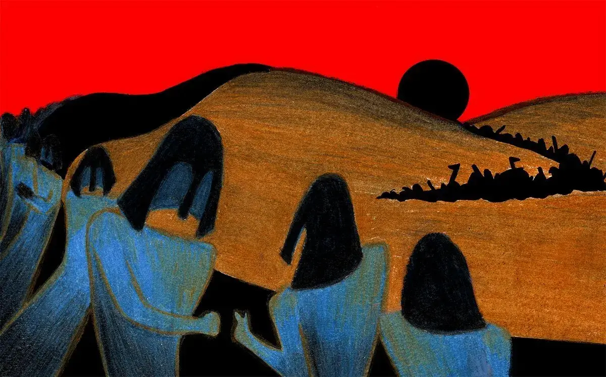 Raffigurazione del meccanismo di difesa psichico diniego, in cui, delle guardie ignorano i nemici che avanzano all'orizzonte, comportandosi come se non esistessero.