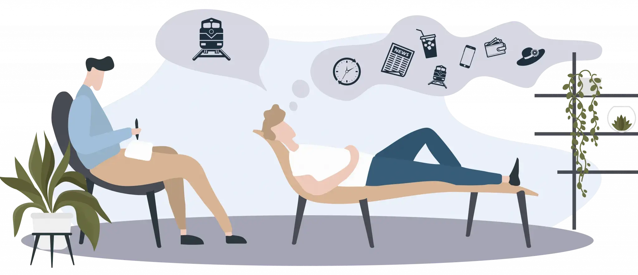 L'immagine rappresenta uno psicologo seduto sulla sedia che prende appunti, mentre il paziente, sdraiato sul lettino, raffigura diverse immagini come un orologio, un giornale, una bibita, un telefono, un portafoglio e un cappello che condensate insieme gli rimandano al ricordo di n treno. Sono presenti anche devi vasi e scaffali con piante verdi da arredamento