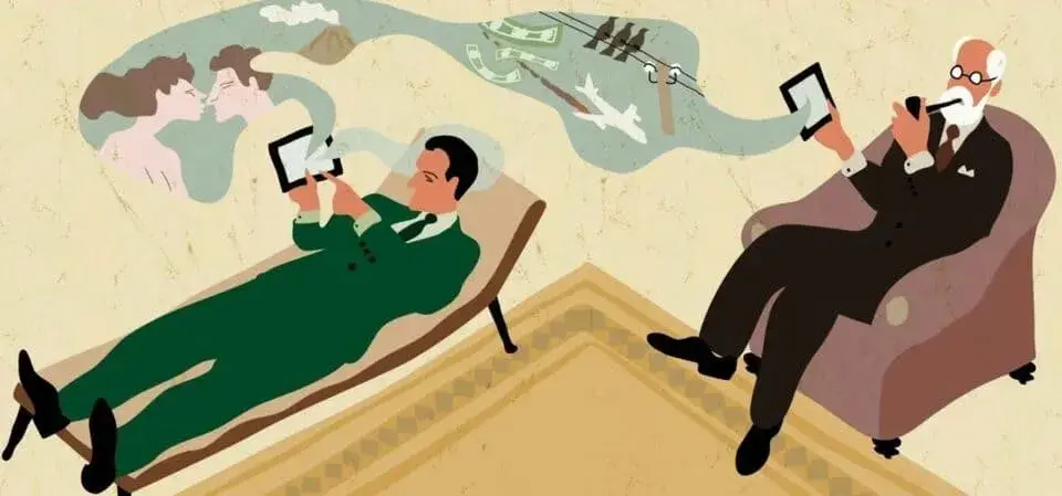 Immagine stilizzata di un paziente sdraiato sul lettino nello studio dello psicoanalista Freud, che mostra al dottore delle figure-ricordi che dal suo schermo vengono convogliate e raccolte dallo psicoanalista viennese.