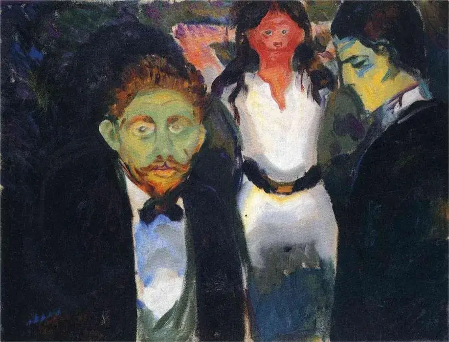 L'artista Munch raffigura la gelosia ponendo in primo piano un uomo con il volto verde, in secondo piano un secondo uomo con gli occhi bassi e in terzo piano una donna con un atteggiamento corporeo di apertura e seduzione e il volto rosso.
