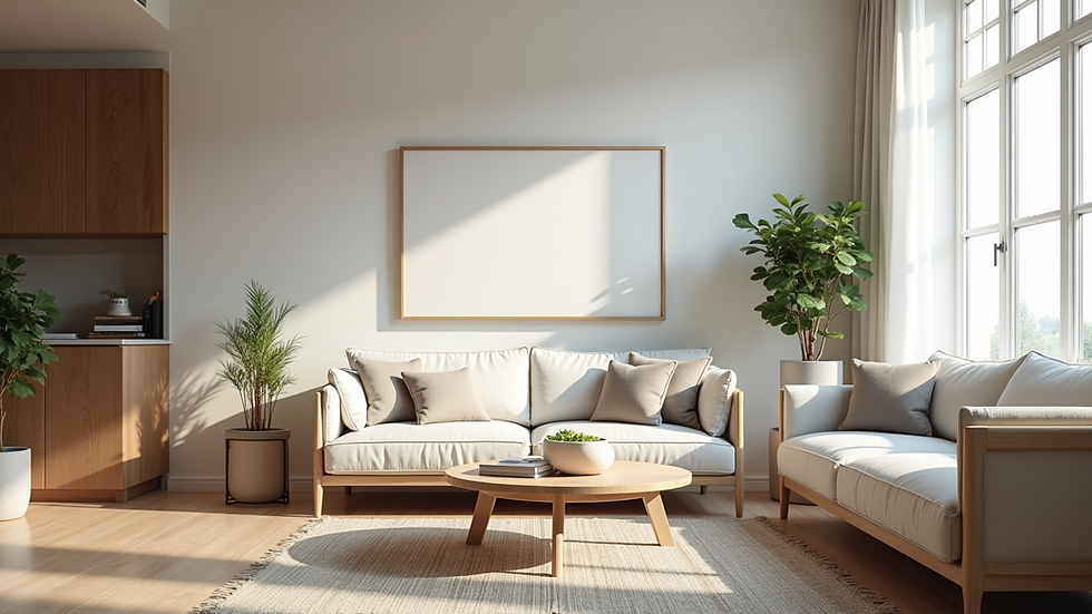 Eye-level view of a modern living room with minimalist furniture and natural light