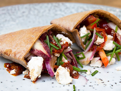 Goat's cheese and mediteranian veg GF lunch pittas with - nourishing, light and delicious.