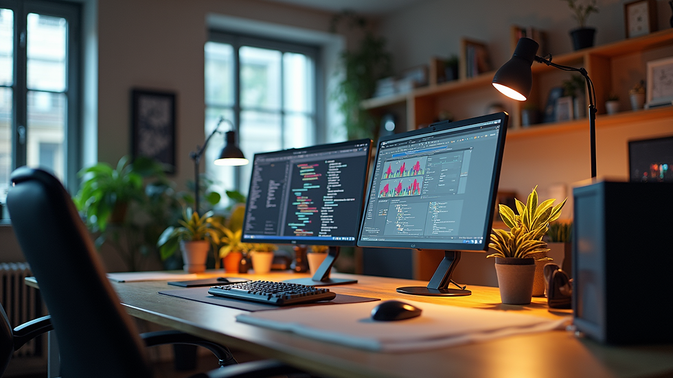 Eye-level view of a modern creative studio workspace with computers and design tools