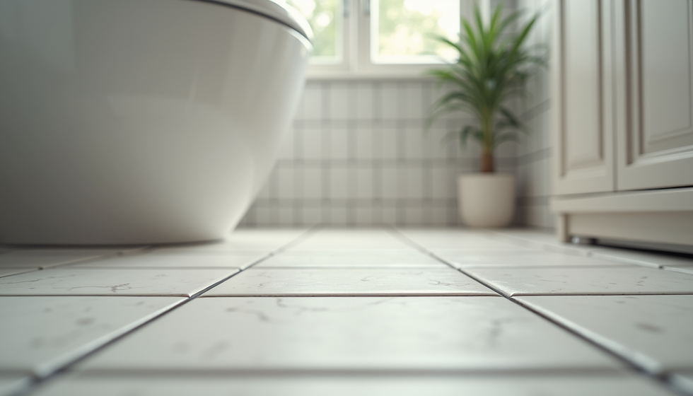 Eye-level view of a tiled floor with leveling clips in place