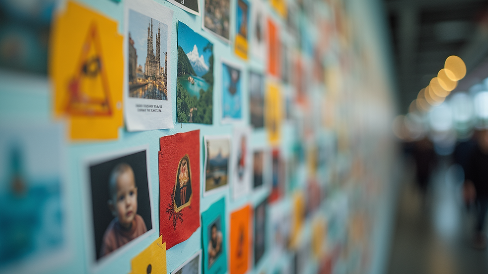 Close-up view of colorful wall decals with photos