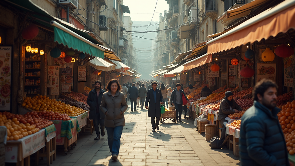High angle view of a bustling marketplace with shoppers