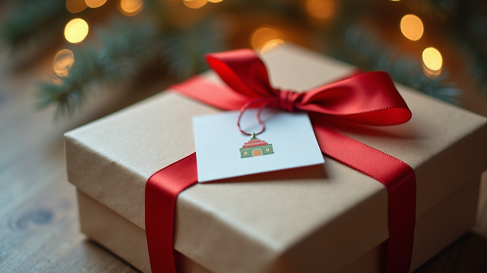 Close-up of a beautifully wrapped gift box with a digital card