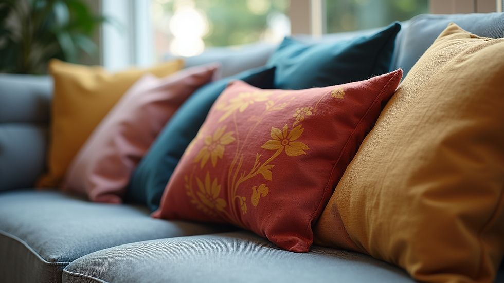 Close-up view of colorful, personalized fabric photo pillows on a couch