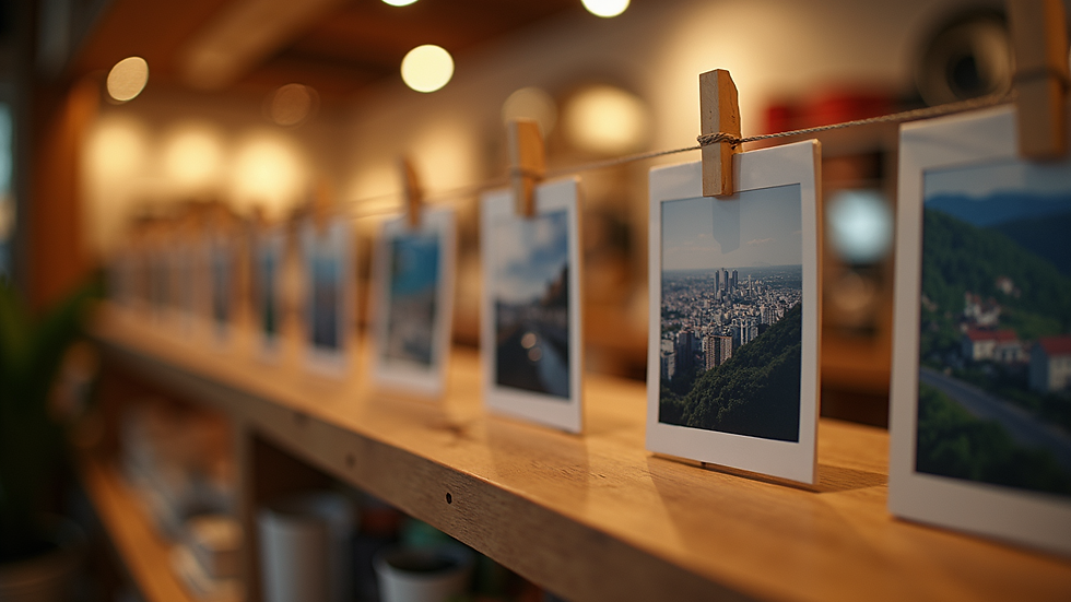 Eye-level view of a decorative photo string display
