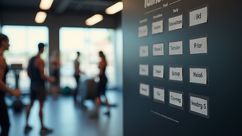 Close-up view of a fitness class schedule board with various group training options