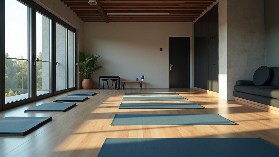 Wide angle view of a fitness studio with exercise mats and equipment