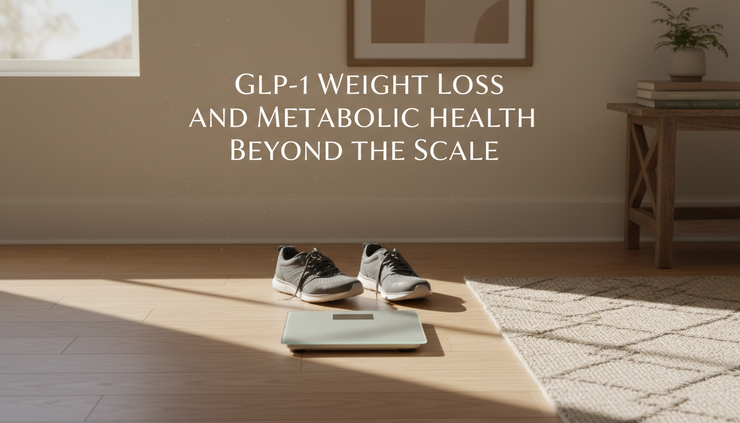 Eye-level view of a bathroom scale beside walking shoes on a bedroom floor.