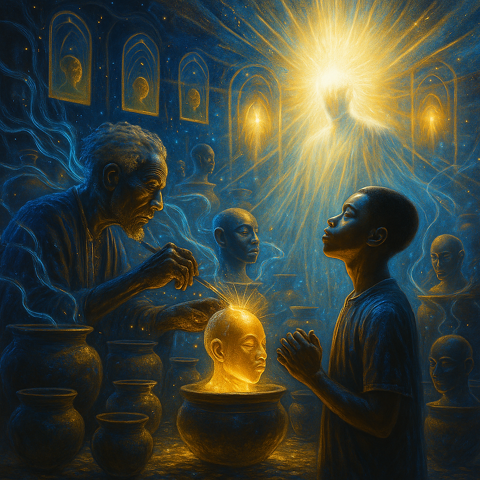 A hyper-realistic digital painting of Àjàlá’s celestial workshop in Yorùbá cosmology. The divine potter shapes glowing human heads from radiant clay as golden light and streams of àṣẹ swirl around him. A young soul, Olúfẹ́mi, stands in awe before the distant brilliance of Olódùmarè, bathed in indigo, gold, and white hues symbolizing creation, wisdom, and divine essence.