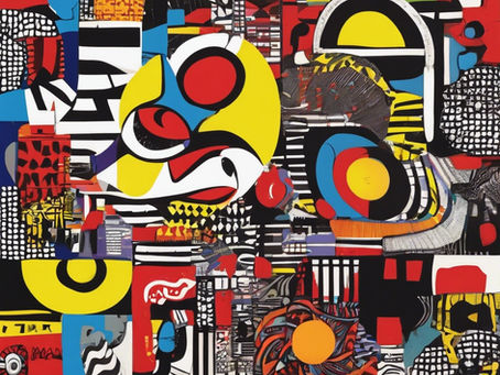 A vibrant abstract artwork composed of bold geometric shapes, lines, and patterns in vivid colors such as red, yellow, black, blue, and white. The overlapping forms suggest movement, rhythm, and layered meaning, evoking the dynamic flow of words, energy, and cultural expression in Yorùbá traditions.