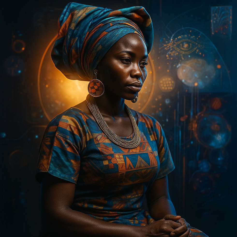 A realistic and futuristic portrait of a modern Yorùbá Òrìṣà worshipper wearing vibrant African attire and headwrap, illuminated by soft golden light with glowing cosmic patterns. The image blends cultural tradition with futuristic energy motifs, symbolizing ancestral strength and spiritual modernity.