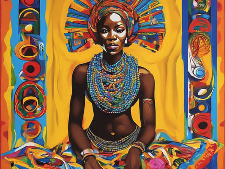A vibrant, colorful painting of a regal woman in Yoruba-inspired attire. She sits confidently against a golden yellow background, wearing layered bead necklaces, a patterned headwrap, and flowing fabric in bold reds, blues, and oranges. Her calm, steady gaze radiates strength, dignity, and spiritual presence, evoking themes of rebirth, tradition, and divine alignment.