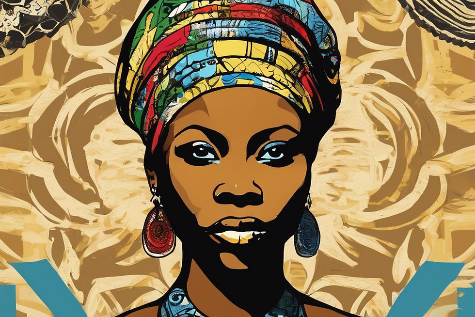 Portrait of a Yorùbá woman wearing a colorful headwrap and earrings, set against a textured golden background with abstract cultural patterns, symbolizing strength, tradition, and ancestral pride.
